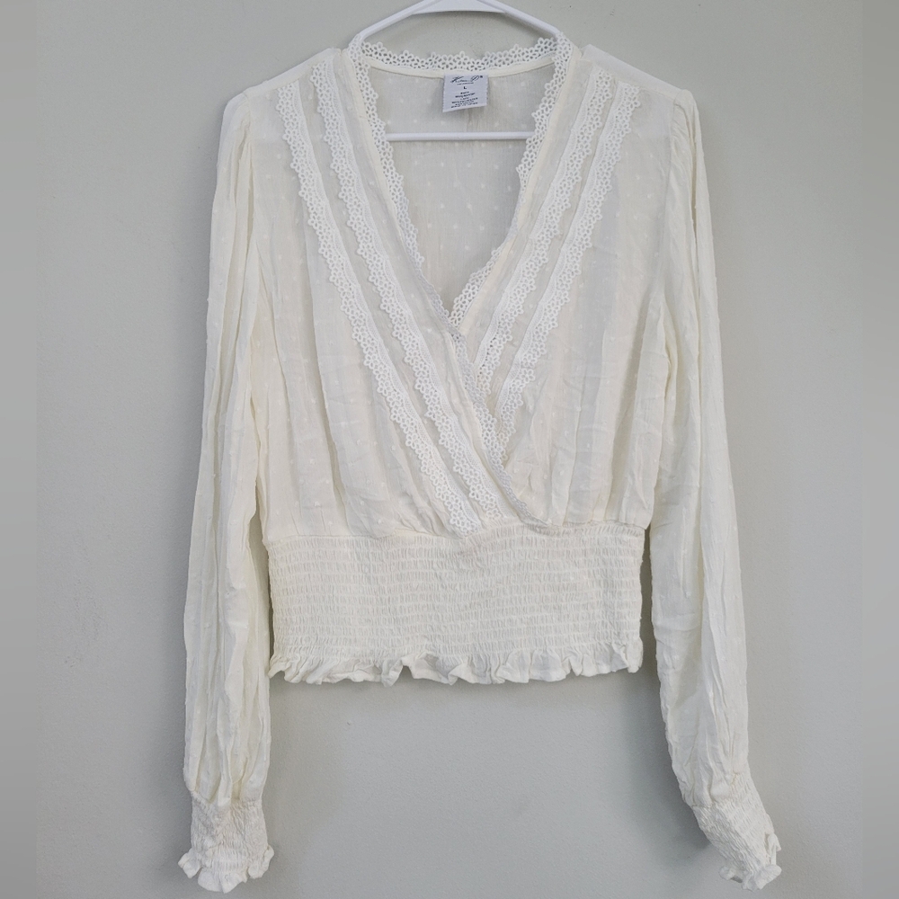 Kian D Faux Wrap Lace Long Sleeve Swiss Dot Top Women's Size L Formal Bohemian